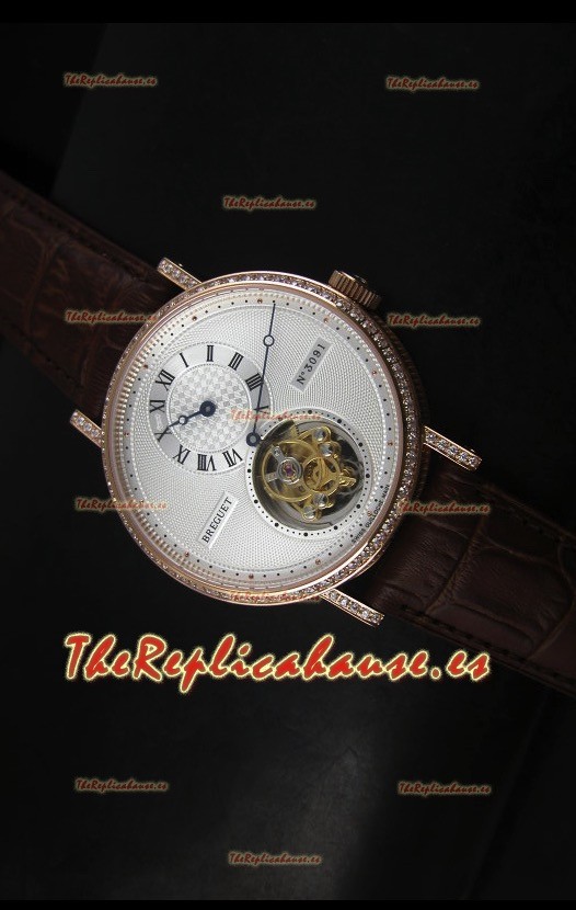 Breguet Classique Reloj Réplica Suizo Tourbillon en Oro Rosado con Bisel de Diamantes