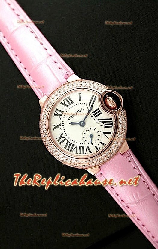 Ballon De Cartier Reloj para Señoras de Oro Rosa en Correa de Piel 