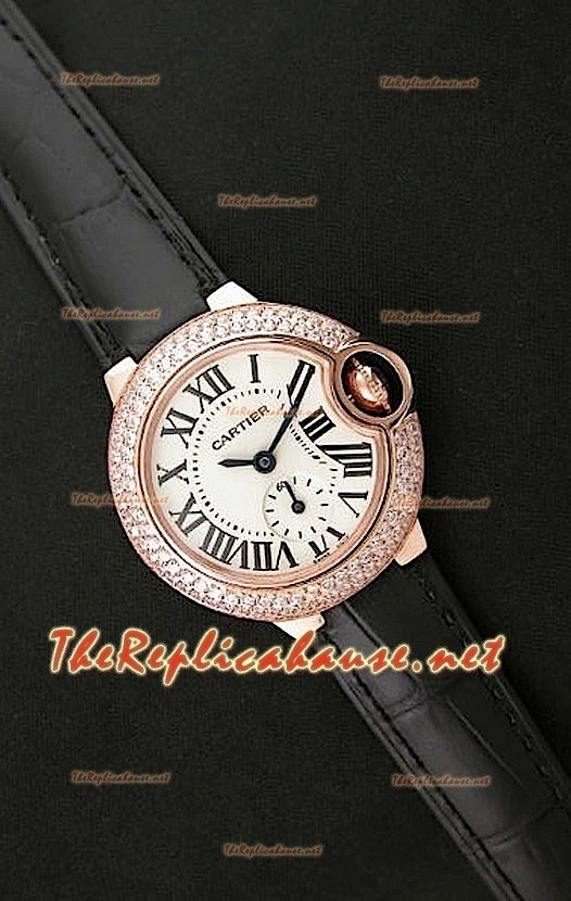 Ballon De Cartier Reloj para Señoras en Oro Rosa con Correa de Piel Negra 