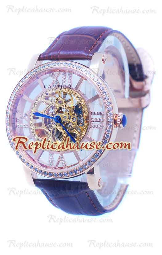 Cartier De Rotonde Skeleton Rose Gold Reloj Diamond bisel 
