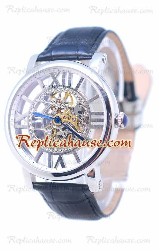 Cartier De Rotonde Skeleton Silver Reloj Black Leather