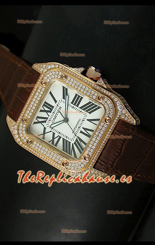 Cartier Santos 100, Réplica en escala 1:1, Reloj color Oro Rosado con Diamantes, tamaño 42MM
