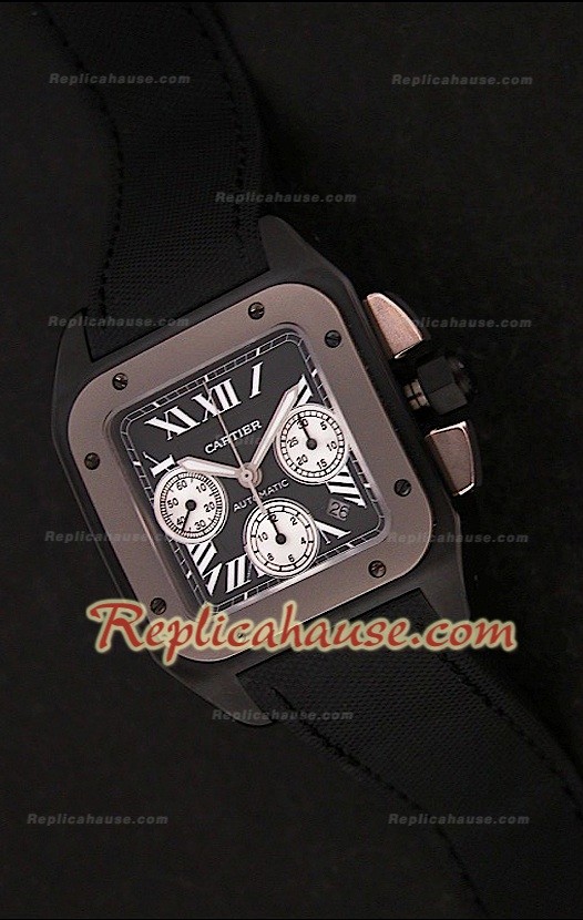 Cartier Santos 100 XL Reloj Cronógrafo Suizo de Carbón/ Titanio - Reproducción Escala 1:1