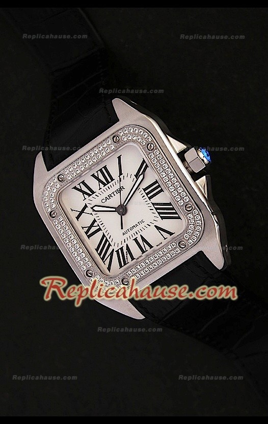 Cartier Santos 100 Reproducción Reloj Suizo con Diamantes en Bisel - 41.5MM