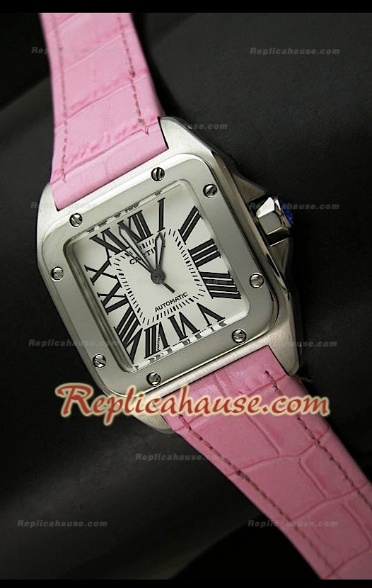 Cartier Santos 100 Reloj Suizo Automático Para Señoras en Piel Penk - 33MM