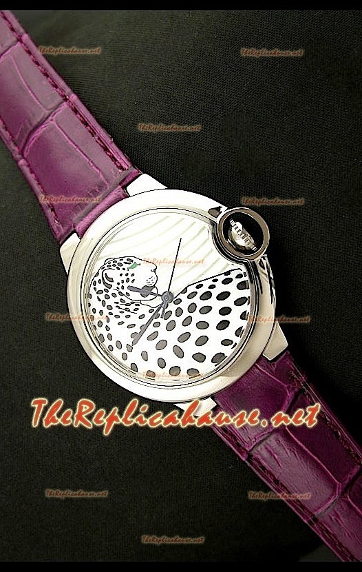 Ballon De Cartier Reloj de Acero Inoxidable con Esfera de Leopardo en Correa Lila 