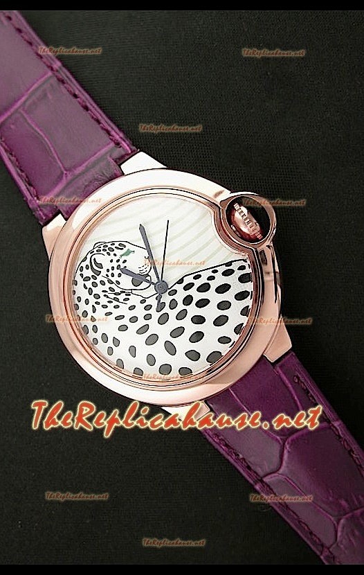 Ballon De Cartier Reloj de Oro Rosa con Esfera de Leopardo y Correa Lila 