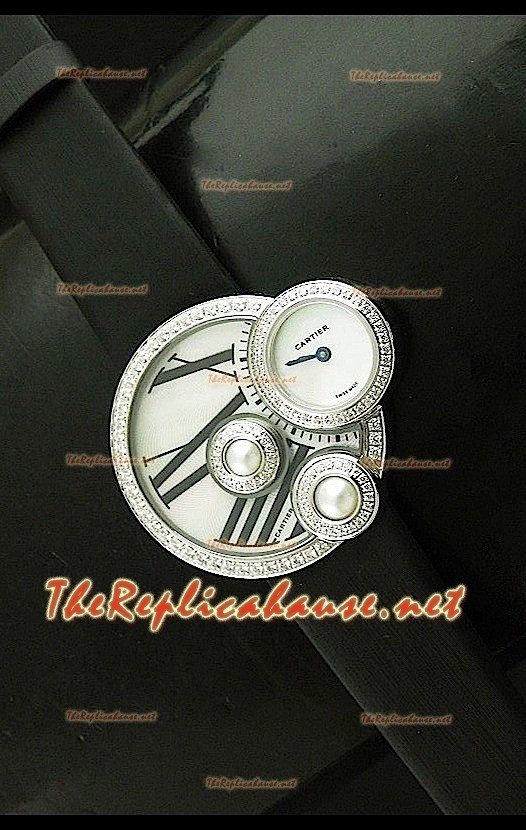Perles de Cartier Reloj Suizo para Señoras en Acero Inoxidable en Correa Negra