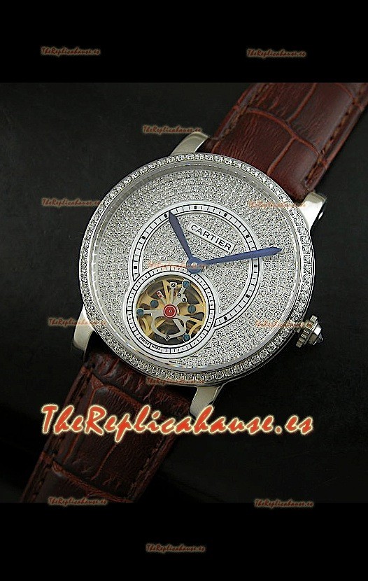 Reloj Turbillón Cartier Calibre con esfera de diamante y malla marrón