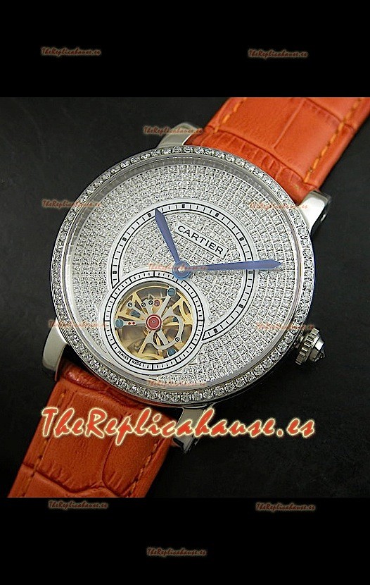 Reloj Turbillón Cartier Calibre con esfera de diamante y malla marrón clara