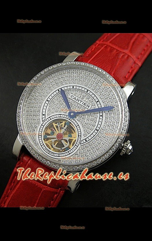 Reloj Turbillón Cartier Calibre con esfera de diamante y malla roja