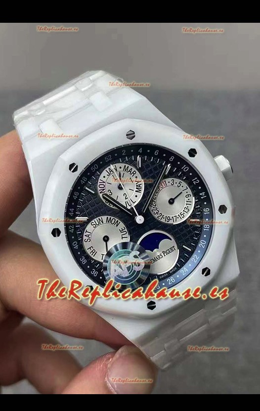 Audemars Piguet Royal Oak Calendario Perpetuo Reloj Réplica Suizo Caja con Revestimiento PVD Blanco y Dial Azul