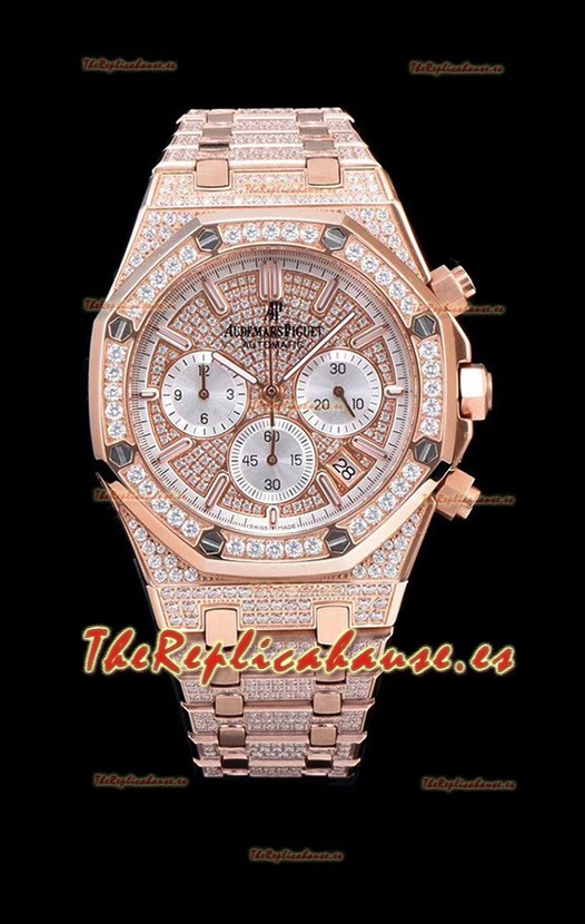 Audemars Piguet Royal Oak Reloj Suizo de Cuarzo de 41MM Cronógrafo Con Caja de Oro Rosado con Diamantes Incrustados