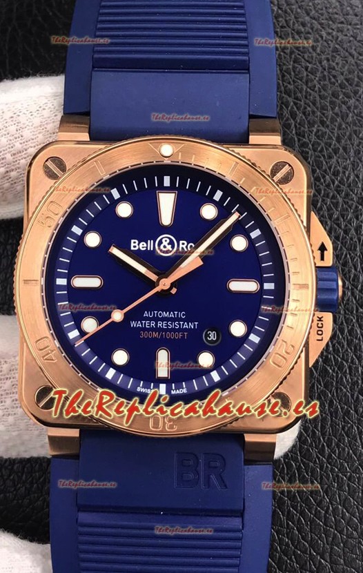 Bell & Ross BR03-92 Buzo Oro Rosado Dial Azul Reloj Réplica Suizo a espejo 1:1