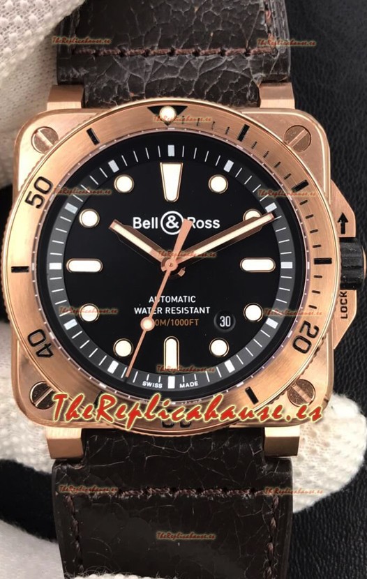 Bell & Ross BR03-92 Buzo Oro Rosado Dial Negro Reloj Réplica Suizo a espejo 1:1