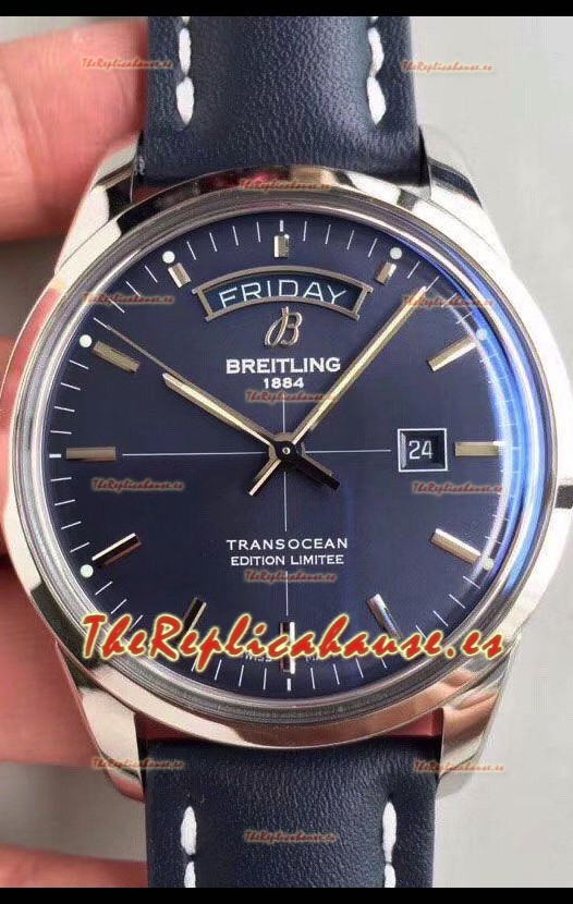 Breitling Transocean Dia & Fecha Reloj Réplica Suizo Dial en Azul Aurora Edición a Espejo 1:1