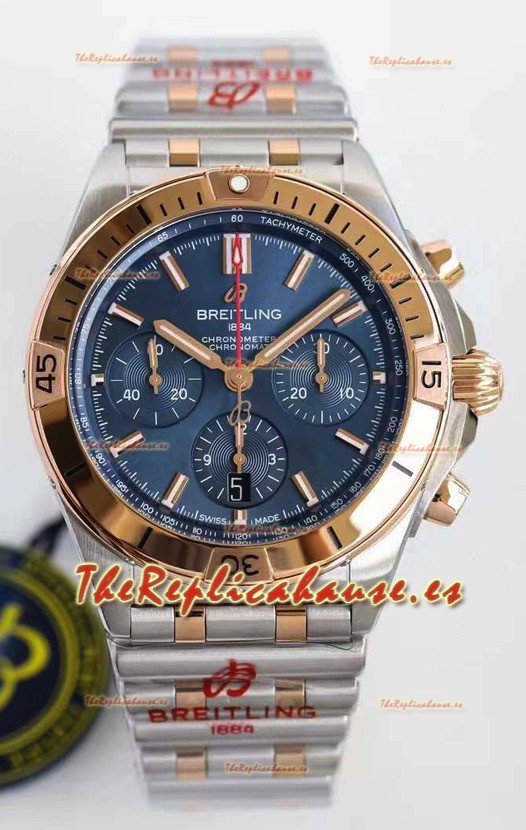 Breitling Chronomat B01 42 Reloj Réplica a Espejo 1:1 Edición Acero 904L en 2 Tonos de Oro Rosado con Dial Azul