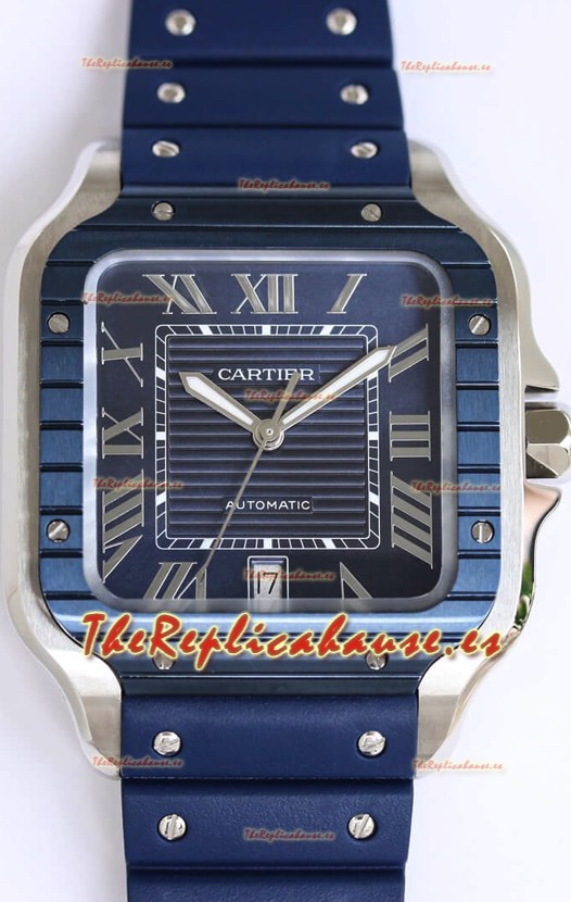 Santos De Cartier Réplica Suiza a 1:1 Bisel DLC Azul Reloj 40MM - Correa de Goma