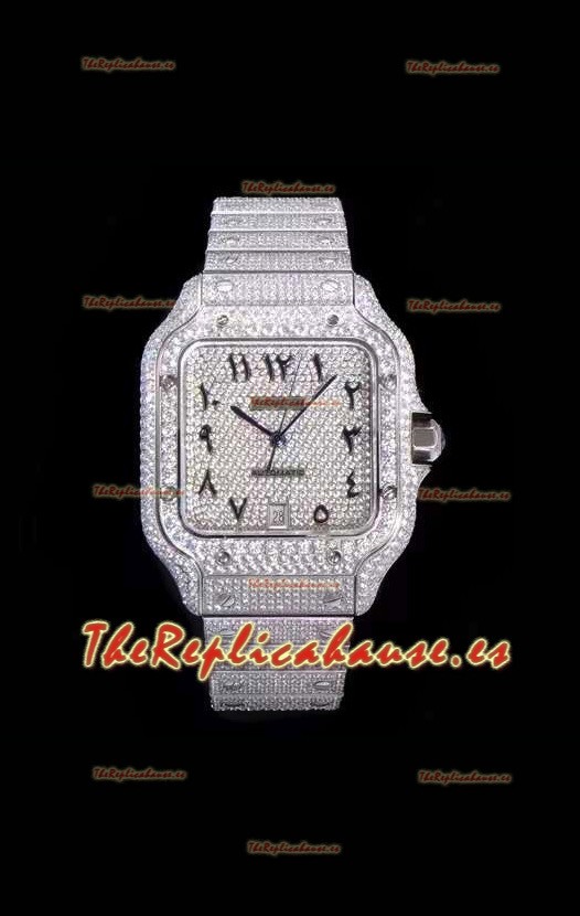 Santos De Cartier Reloj Réplica Suizo con Diamantes Incrustados en el Dial y Caja de Acero - 40MM