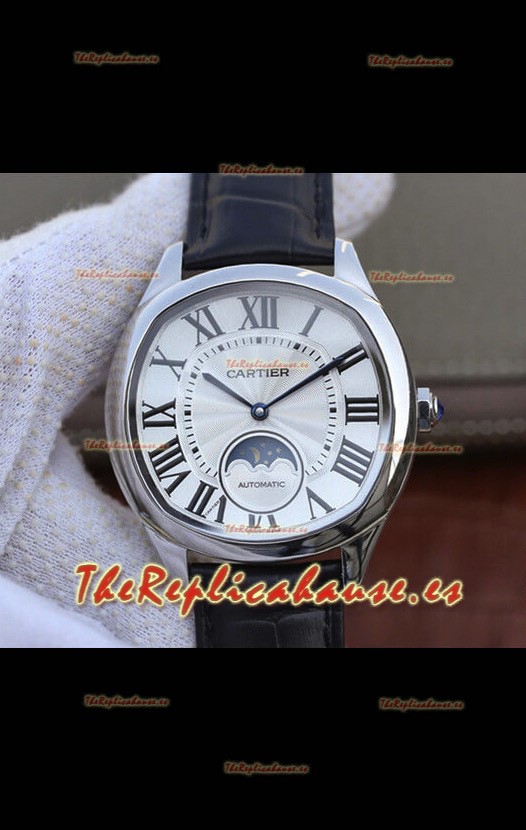 Drive De Cartier Reloj Réplica a espejo 1:1 Edición Moonphase en Acero Inoxidable - Dial Blanco