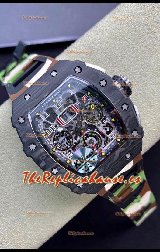Richard Mille RM011 Felipe Massa Reloj en Calidad a Espejo 1:1 Caja de Carbono Forjado de una Sola Pieza con Correa tipo CAMO