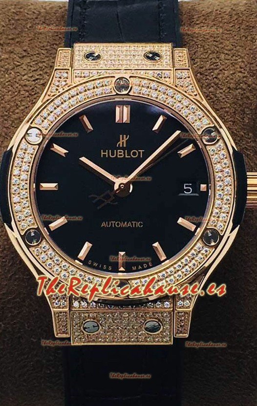 Hublot Classic Fusion Diamonds Oro Rosado Dial Acero Negro 38MM Reloj Réplica Suizo Calidad Espejo 1:1