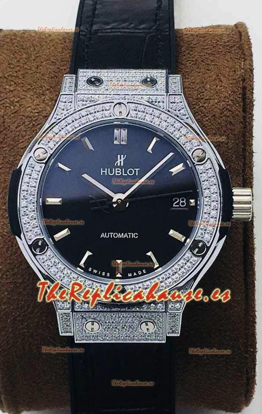 Hublot Classic Fusion Diamonds Acero Dial Negro 38MM Reloj Réplica Suizo Calidad Espejo 1:1