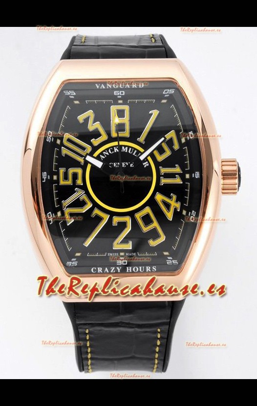 Franck Muller Vanguard Crazy Hours Caja chapada en Oro Rosado - Dial Negro Reloj Réplica Suizo