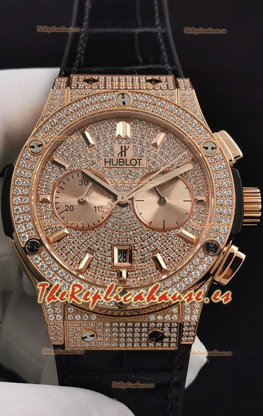 Hublot Classic Fusion Chronograph Oro Rosado Diamantes Dial y Caja Reloj Réplica a Espejo 1:1
