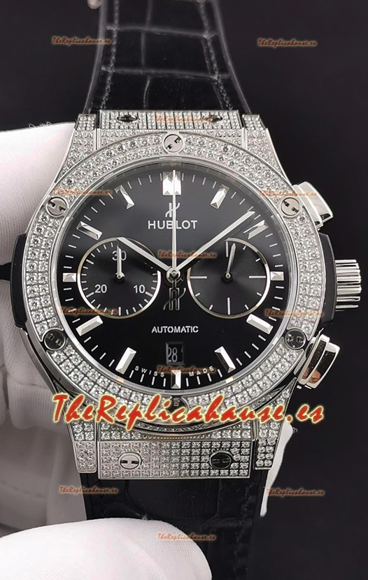 Hublot Classic Fusion Chronograph Caja Acero Diamantes Dial Negro Reloj Réplica a Espejo 1:1