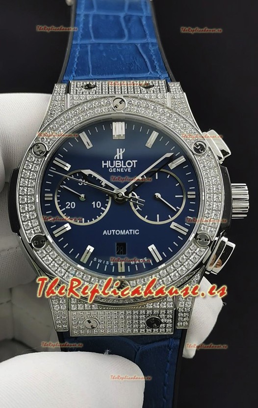 Hublot Classic Fusion Chronograph Caja Acero Diamantes Dial Azul Reloj Réplica a Espejo 1:1