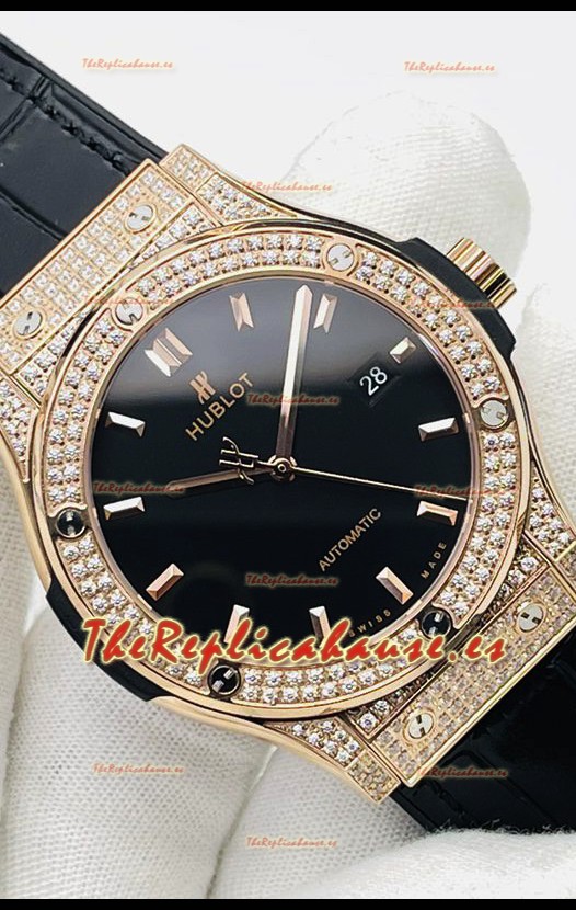 Hublot Classic Fusion Diamantes Oro Rosado Dial Negro Reloj Réplica Suizo Calidad Espejo 1:1