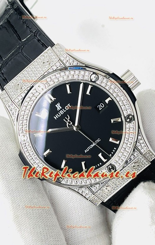 Hublot Classic Fusion Acero Inoxidable Diamantes Dial Negro Reloj Réplica Suizo Calidad Espejo 1:1