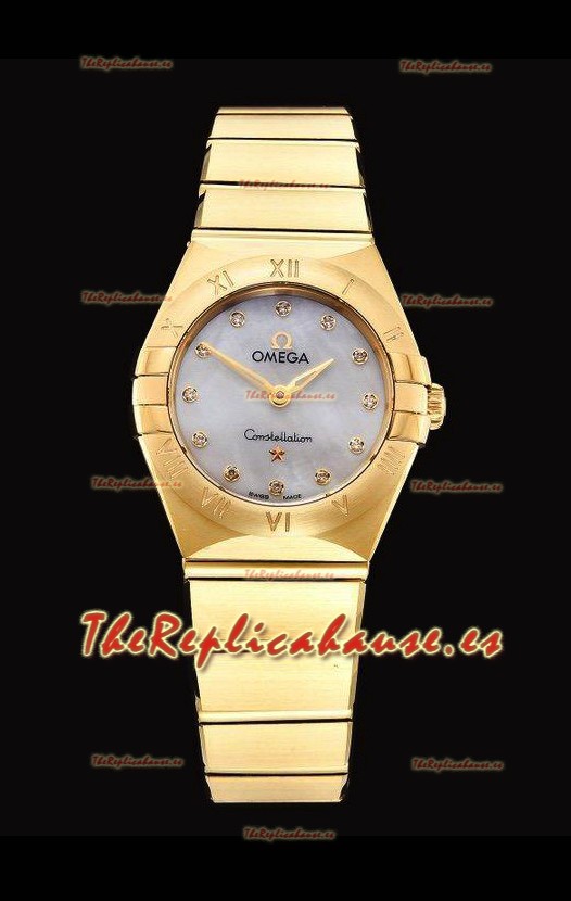 Omega Constellation Ladies Cuarzo Suizo Reloj Réplica a Espejo 1:1 - Caja Oro Amarillo Dial Blanco Perla