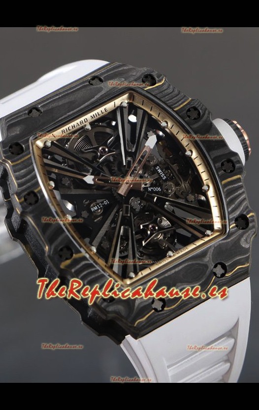 Richard Mille RM12-01 Caja Fibra de Carbono Genuino Movimiento Tourbillon Reloj Réplica a Espejo 1:1