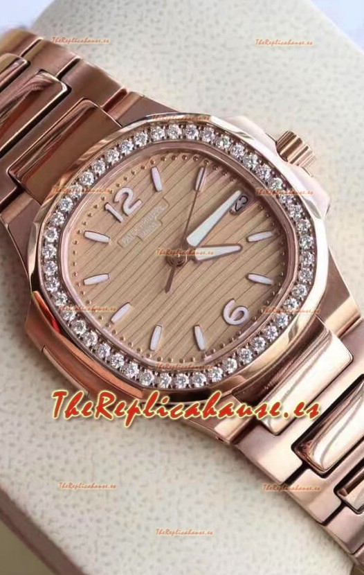 Patek Philippe Nautilus 7010/1GR-012 32MM Reloj Réplica a Espejo - Bisel con Diamantes Genuinos