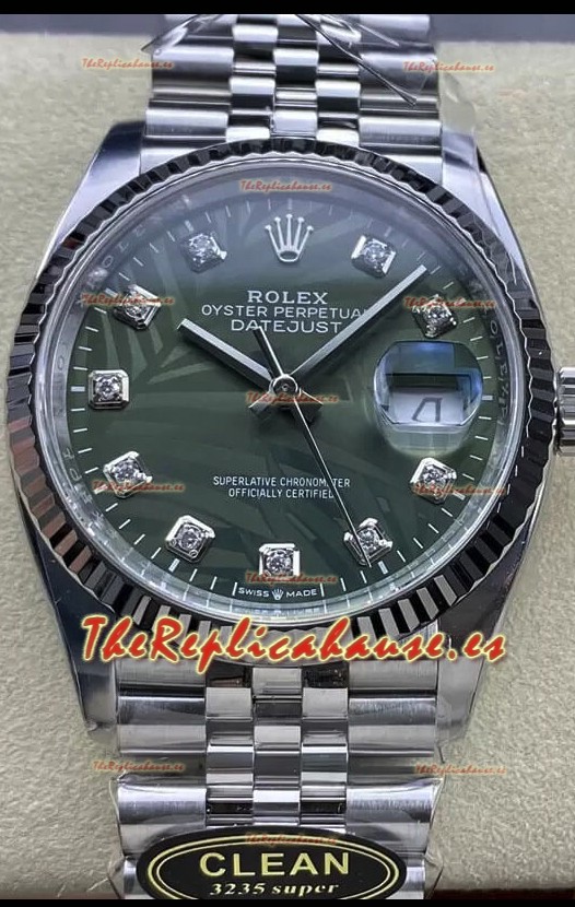 Rolex Datejust Movimiento Cal.3235 Reloj Réplica a Espejo 1:1 Acero 904L 36MM - Dial Verdecon Motivo de Palma