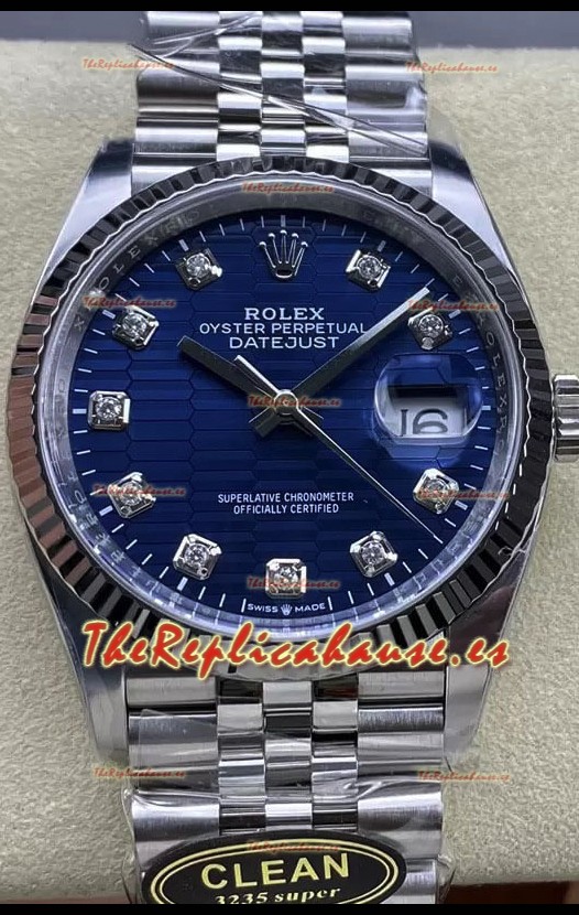 Rolex Datejust Movimiento Cal.3235 Reloj Réplica a Espejo 1:1 Acero 904L 36MM - Dial Azul Motivo Estriado