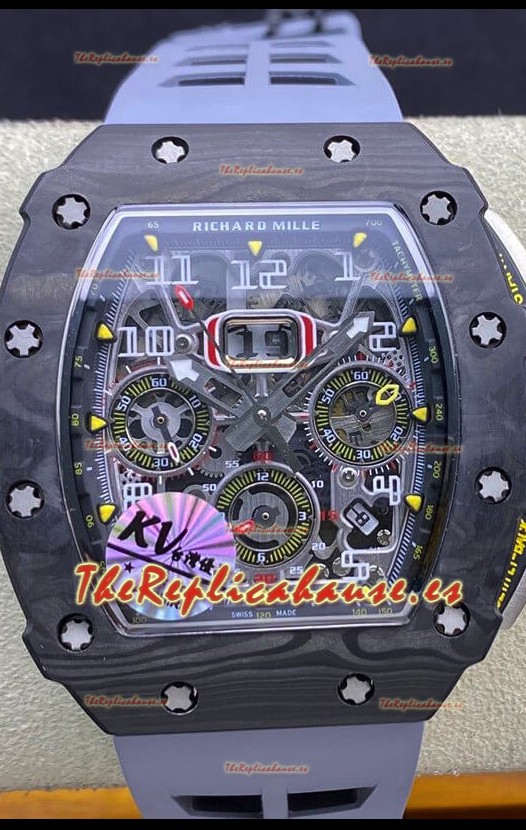 Richard Mille RM011 Felipe Massa Espejo 1:1 Reloj Caja de Carbono Forjado Negro Correa Gris