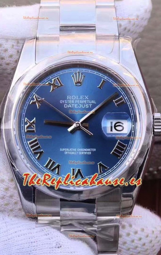 Rolex Datejust 36MM Movimiento Cal.3135 Reloj Réplica Suizo en Caja de Acero 904L Dial Azul en Romanos