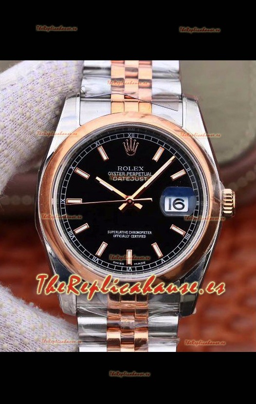 Rolex Datejust 36MM Movimiento Cal.3135 Reloj Réplica Suizo en Acero 904L Caja en Dos Tonos Dial Negro