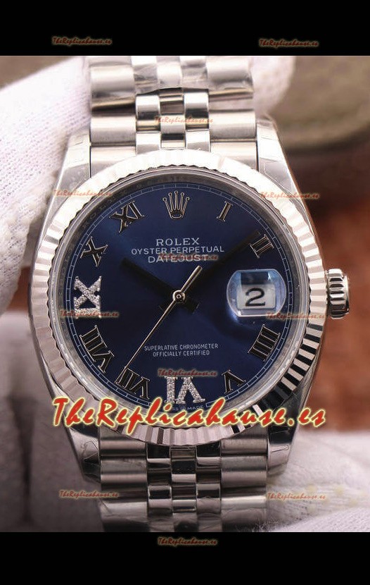 Rolex Datejust 36MM Movimiento Cal.3135 Reloj Réplica Suizo en Acero 904L Dial Azul en Acero y Romanos