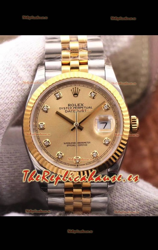 Rolex Datejust 36MM Movimiento Cal.3135 Reloj Réplica Suizo en Acero 904L Caja en Dos Tonos Dial Oro