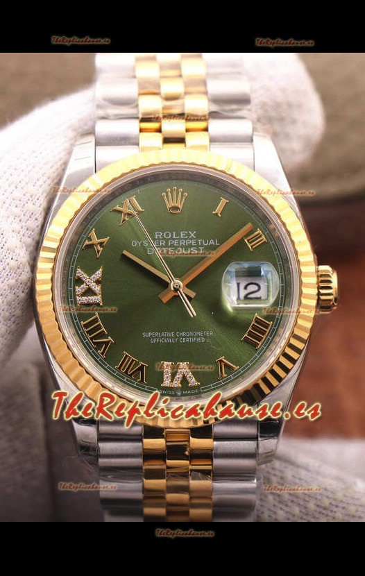 Rolex Datejust 36MM Movimiento Cal.3135 Reloj Réplica Suizo en Acero 904L Caja en Dos Tonos Dial Verde
