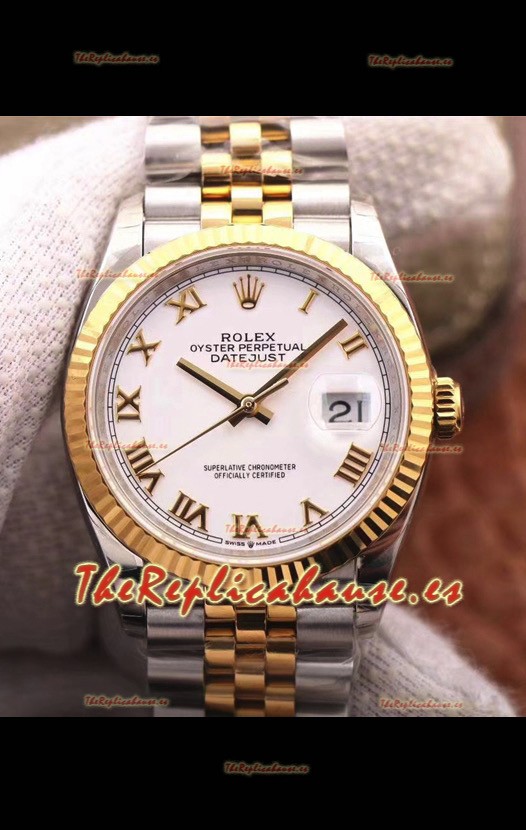 Rolex Datejust 36MM Movimiento Cal.3135 Reloj Réplica Suizo en Acero 904L Caja en Dos Tonos Dial Blanco