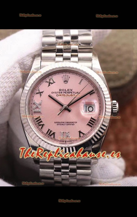 Rolex Datejust 36MM Movimiento Cal.3135 Reloj Réplica Suizo en Acero 904L Dial Rosado