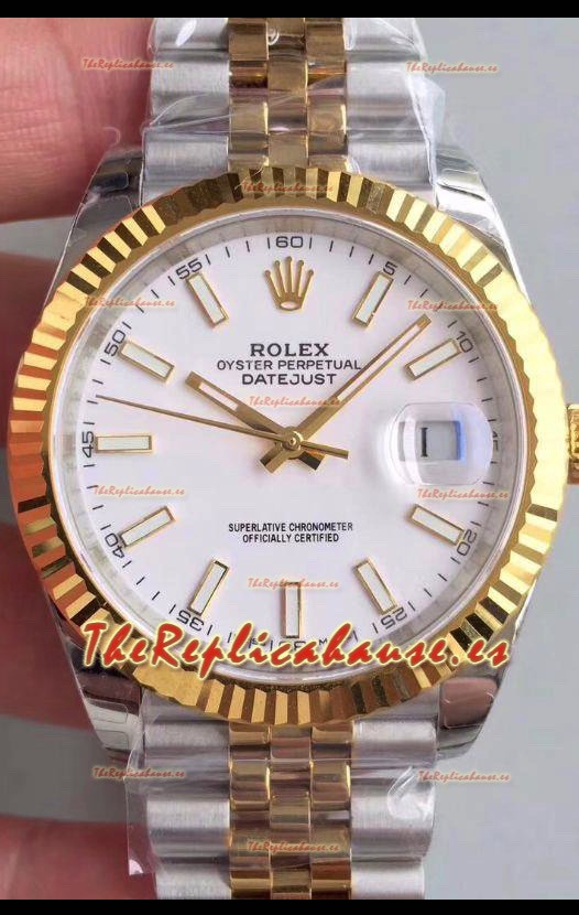 Rolex Datejust 41MM Movimiento Cal.3135 Reloj Réplica Suizo en Acero 904L en Dos Tonos Two Dial Blanco