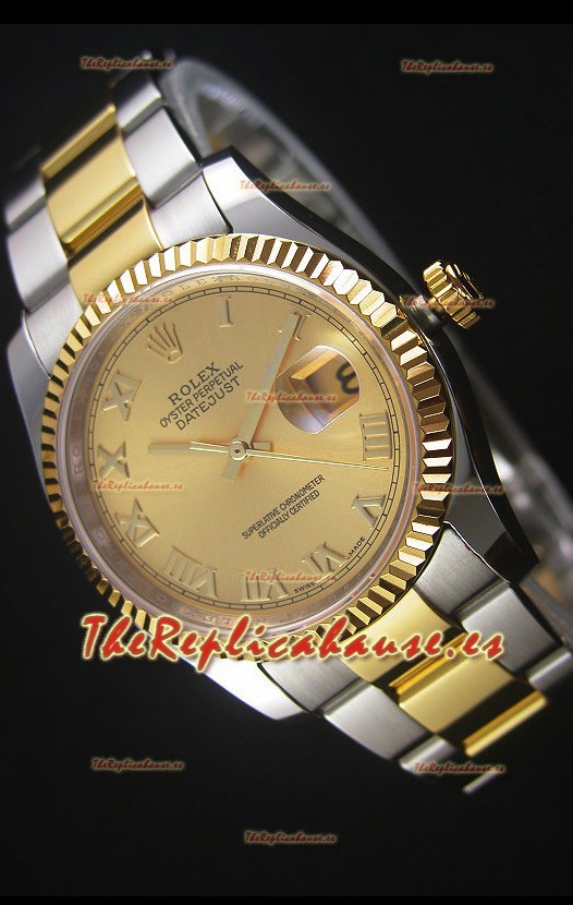Rolex Datejust Reloj Réplica Japonés - Chapado en Dos Tonos Dial en Oro en Caja de 36MM