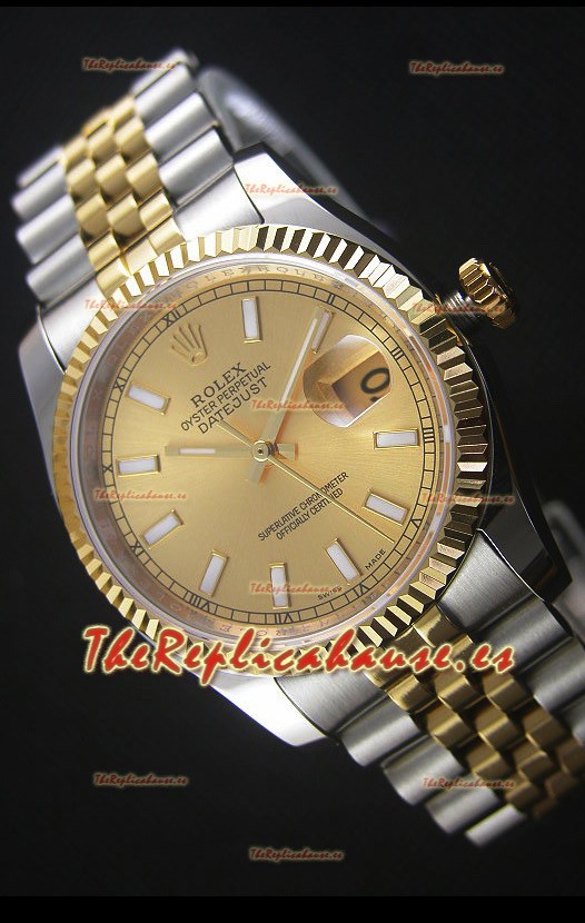 Rolex Datejust Reloj Réplica Japonés - Dial en Oro chapado en dos Tonos en Caja 36MM
