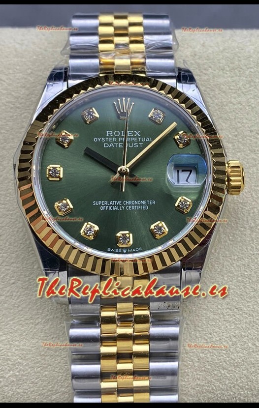 Rolex Datejust 31MM Reloj Suizo en Acero 904L Dial Verde Dos Tonos Réplica Espejo 1:1